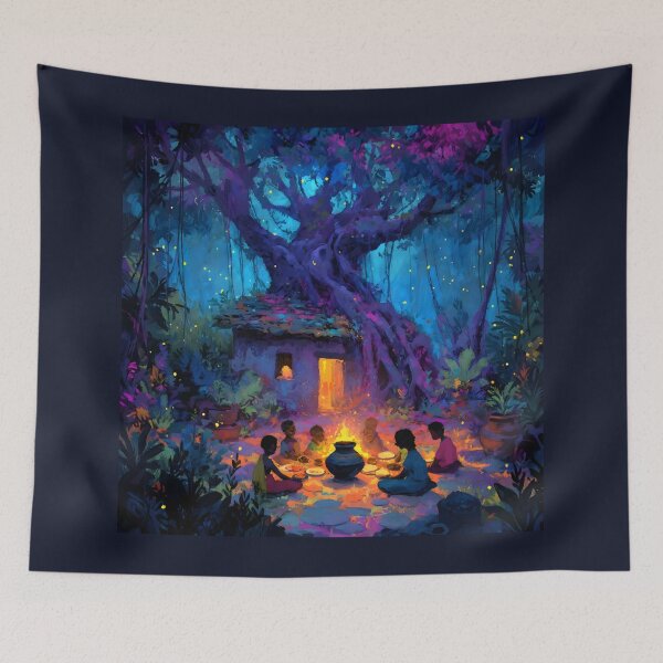 Item preview, Indian Village Under Banyan Tree - Colorful Folk Art Landscape, Enchanted Night Forest Illustration designed and sold by AtotheTwoDesign.