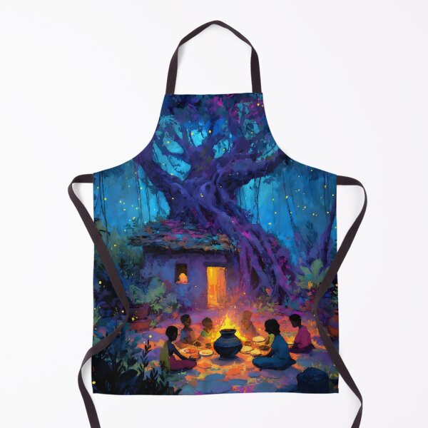 Item preview, Indian Village Under Banyan Tree - Colorful Folk Art Landscape, Enchanted Night Forest Illustration designed and sold by AtotheTwoDesign.