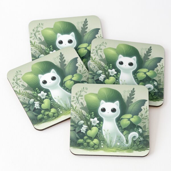 Item preview, Kawaii Forest Spirit White Cat Botanical Art designed and sold by BigBlueArt.