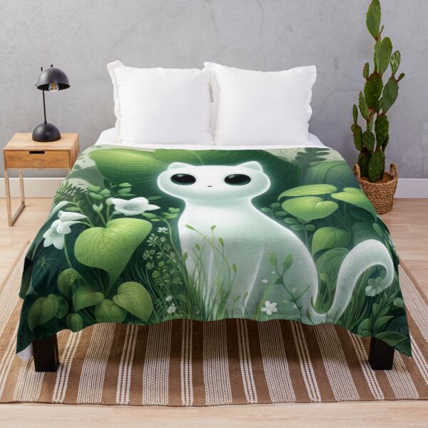 Item preview, Kawaii Forest Spirit White Cat Botanical Art designed and sold by BigBlueArt.
