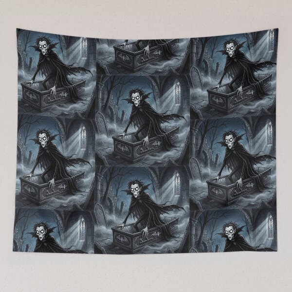 Item preview, Vampire Rising from his Coffin in a dark Crypt  illustration gothic vampire art designed and sold by Vintage Designs +.