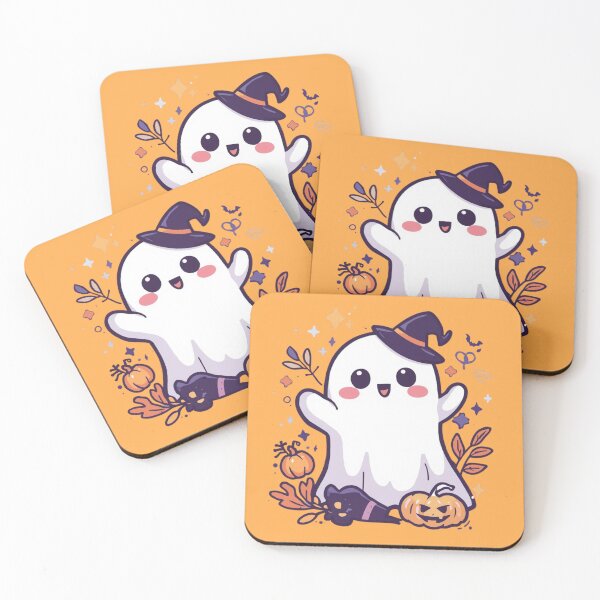 Item preview, Cute Kawaii Ghost in Witch Hat: Chibi Spooky Halloween Illustration with Pumpkin and Black Cat, Autumn Aesthetic 2025 designed and sold by HimBoo.