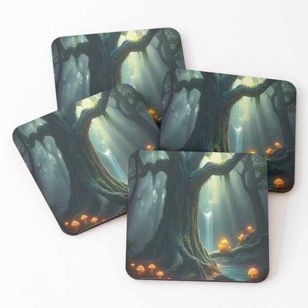Item preview, Enchanted Forest Waterfall - Fantasy Mushroom Grove Art Print designed and sold by PunchDrop.
