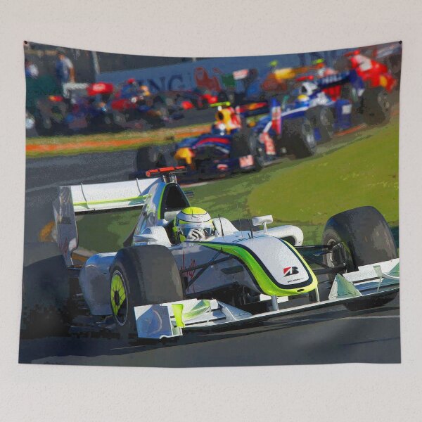 Item preview, Jenson Button racing his 2009 Brawn GP F1 race car in the lead abstract designed and sold by Rodissimus1984.