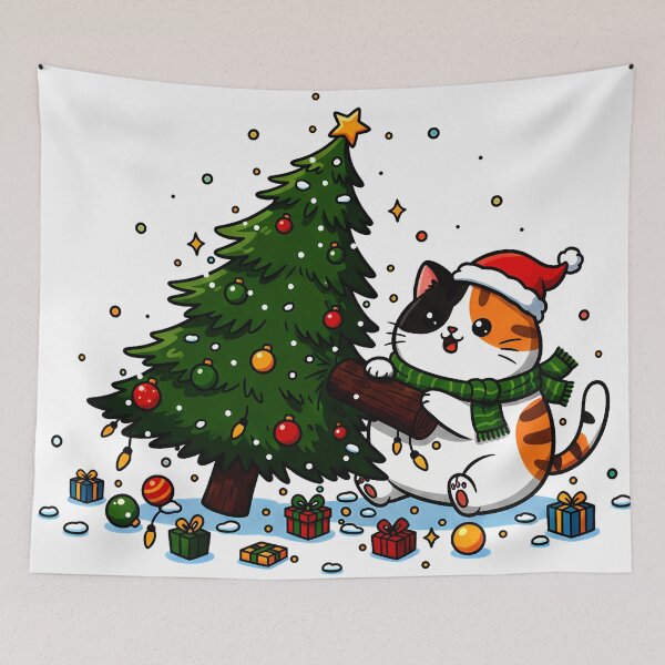 Item preview, Calico Cat Climbing Christmas Tree – Whimsical Holiday Mischief Design designed and sold by meesub.