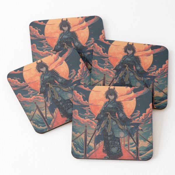 Item preview, Harvest Moon Samurai – Anime Ukiyo-e Warrior on Red Bridge Under Scarlet Moon designed and sold by Vandy Fullam.