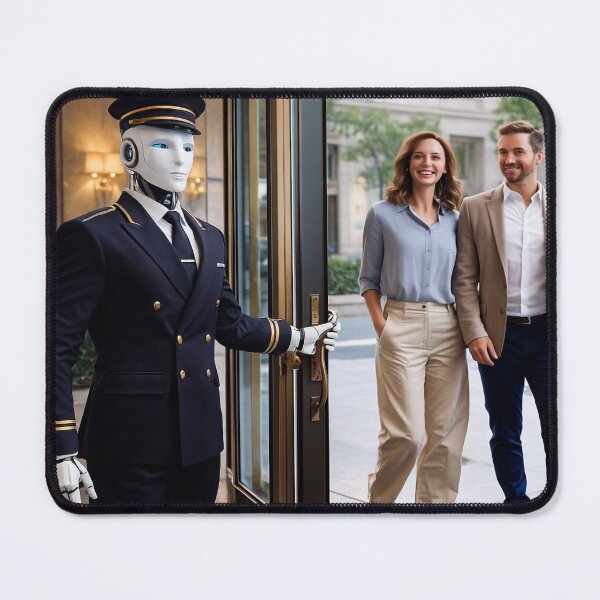 Item preview, "Welcome to the Future: Robot Hotel Doorman in Action" designed and sold by TheWonkyEaselCo.
