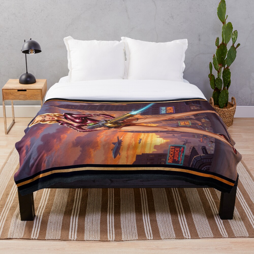 Scylla Quinara Retro-Fusion Pinup Girl Portrait Striking AI Concept Art by Xzendor7 Decorative Art Print Throw Blanket