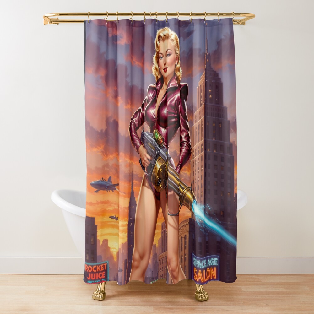 Scylla Quinara Retro-Fusion Pinup Girl Portrait Striking AI Concept Art by Xzendor7 Decorative Art Print Shower Curtain