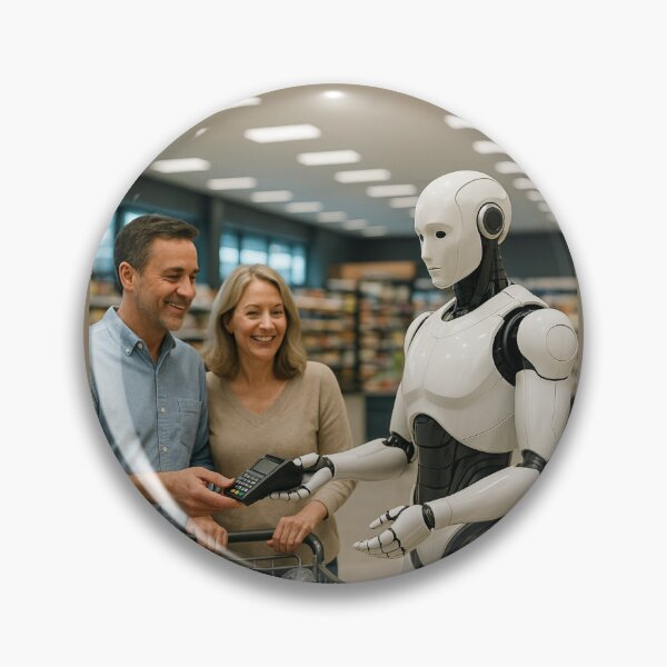 Item preview, "Future Checkout: Robot Assisting Shoppers in Grocery Store" designed and sold by TheWonkyEaselCo.