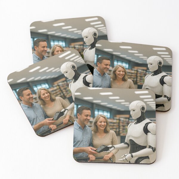 Item preview, "Future Checkout: Robot Assisting Shoppers in Grocery Store" designed and sold by TheWonkyEaselCo.