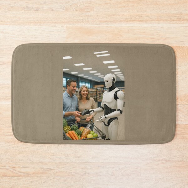 Item preview, "Future Checkout: Robot Assisting Shoppers in Grocery Store" designed and sold by TheWonkyEaselCo.