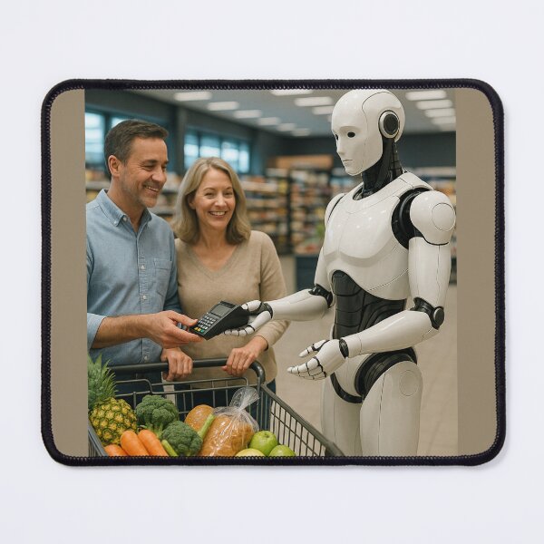 Item preview, "Future Checkout: Robot Assisting Shoppers in Grocery Store" designed and sold by TheWonkyEaselCo.