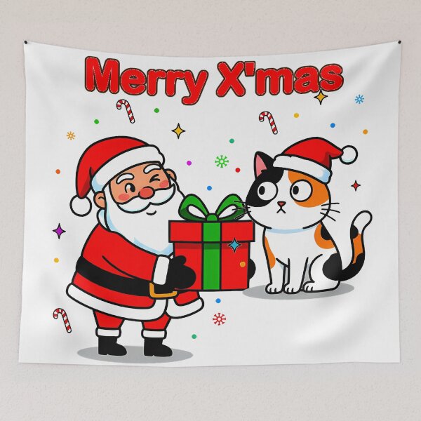 Item preview, Santa Giving Gift to Calico Cat – “Merry X’mas” Whimsical Holiday Design designed and sold by meesub.