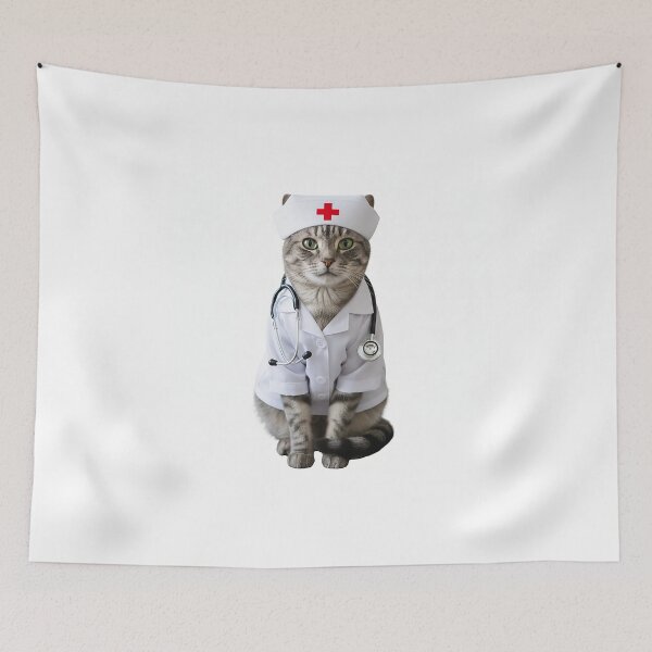 Item preview, Doctor cat wearing a doctor's coat, cap, and stethoscope designed and sold by PetPeter.