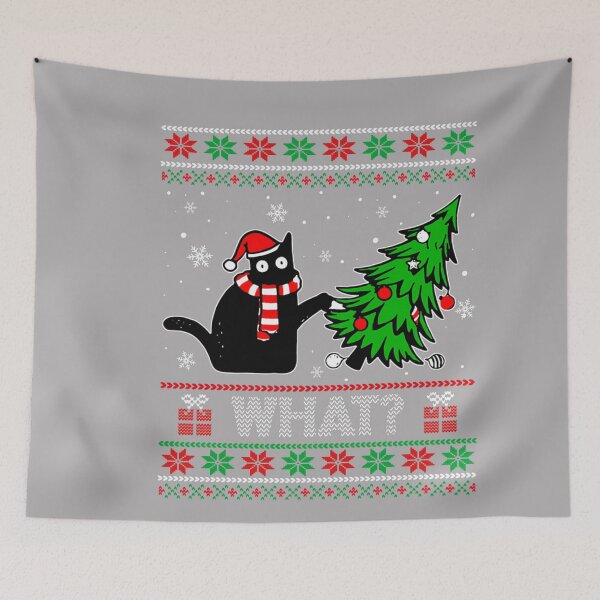 Item preview, What Funny Black Cat Santa Hat Pushing Christmas Tree Ugly designed and sold by ArleneRowe.