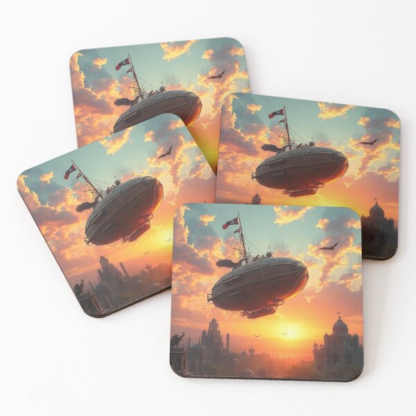 Item preview, Steampunk Airship Sunset - Fantasy City Art Print designed and sold by PunchDrop.