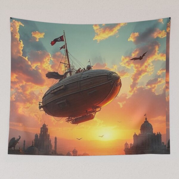 Item preview, Steampunk Airship Sunset - Fantasy City Art Print designed and sold by PunchDrop.