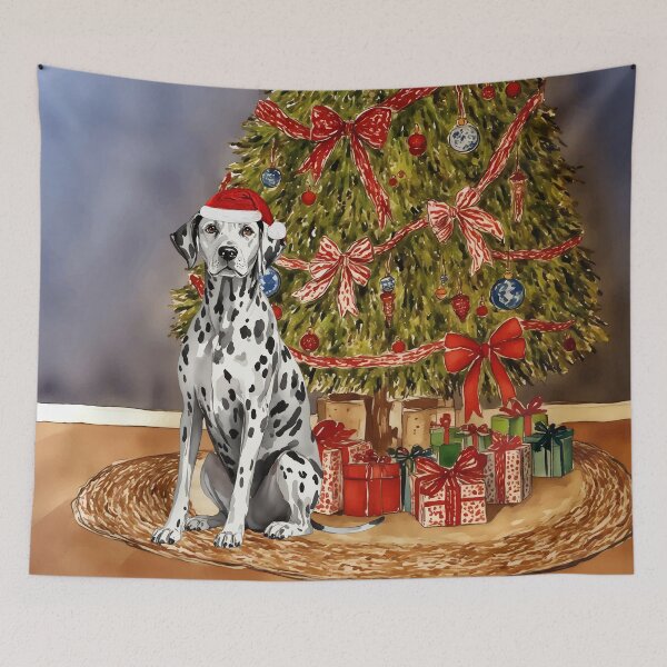 Aperçu de l'œuvre Sapin de Noël dalmatien, chiot, aquarelle créée et vendue par Magnolia Valley Art.
