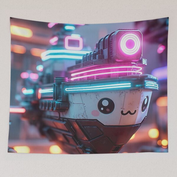 Item preview, Cyberpunk Kawaii Hover Tugboat – Neon Night Smiley designed and sold by NordseeSteel.