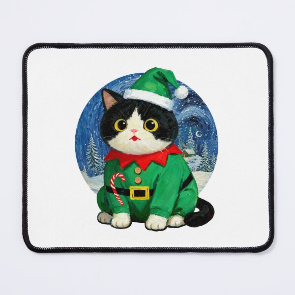 Item preview, Cute Tuxedo Cat in Christmas Elf Costume - Starry Night Art designed and sold by Meow Gogh Painter Studio.