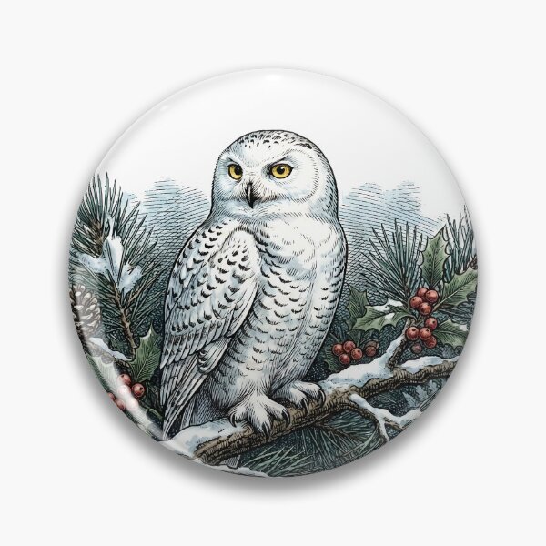 Item preview, Vintage Winter Snowy Owl on Pine Branch - Dark Academia Solstice designed and sold by The Mossy Library.