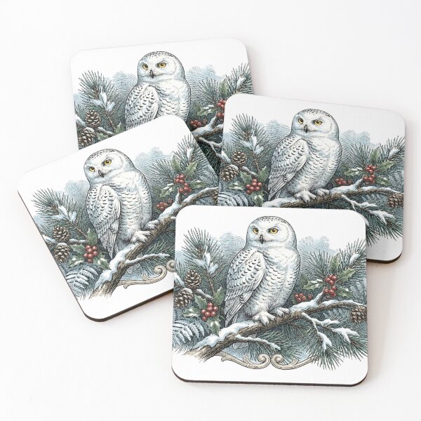 Item preview, Vintage Winter Snowy Owl on Pine Branch - Dark Academia Solstice designed and sold by The Mossy Library.
