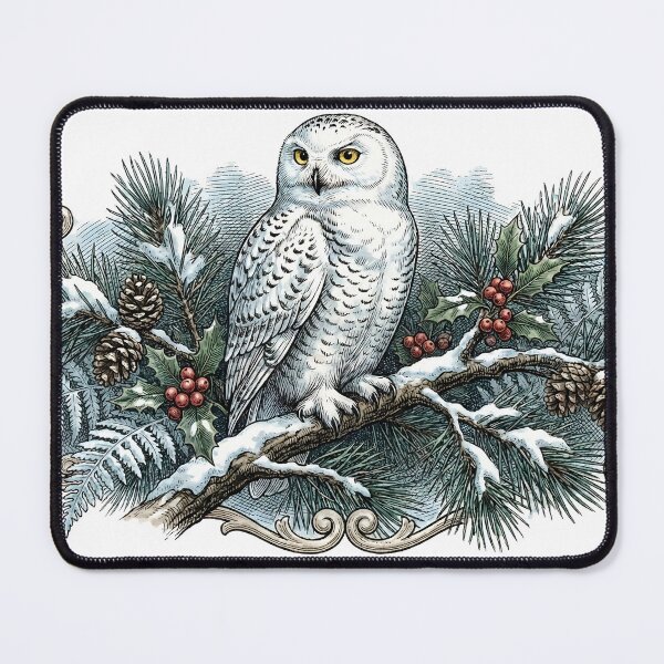 Item preview, Vintage Winter Snowy Owl on Pine Branch - Dark Academia Solstice designed and sold by The Mossy Library.