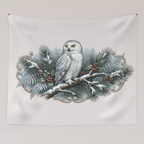 Item preview, Vintage Winter Snowy Owl on Pine Branch - Dark Academia Solstice designed and sold by The Mossy Library.