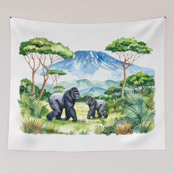Item preview, Watercolor Gorillas in Jungle Landscape designed and sold by Rutvain.