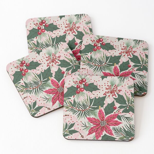 Item preview, Christmas Throw Pillow in the vintage-inspired “Vintage Holiday” pattern with a pretty pink poinsettias, prickly pines and cherry red cranberries designed and sold by SandedollArt.