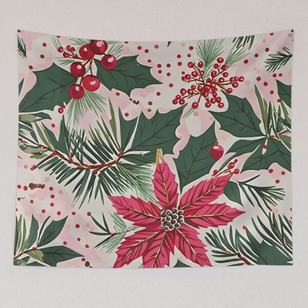 Item preview, Christmas Throw Pillow in the vintage-inspired “Vintage Holiday” pattern with a pretty pink poinsettias, prickly pines and cherry red cranberries designed and sold by SandedollArt.