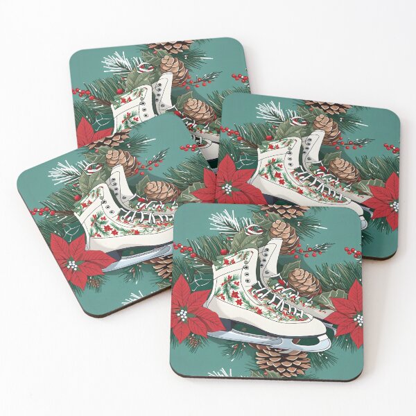 Item preview, Premium Throw Pillow in the vintage-style “Holiday Skates” pattern of turquoise, white and pops of red designed and sold by SandedollArt.