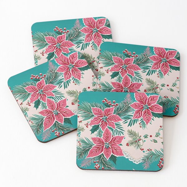Item preview, Christmas Throw Pillow with a vintage-inspired “Turquoise Christmas” pattern of pretty pink poinsettias, tranquil turquoise and a pop or red designed and sold by SandedollArt.