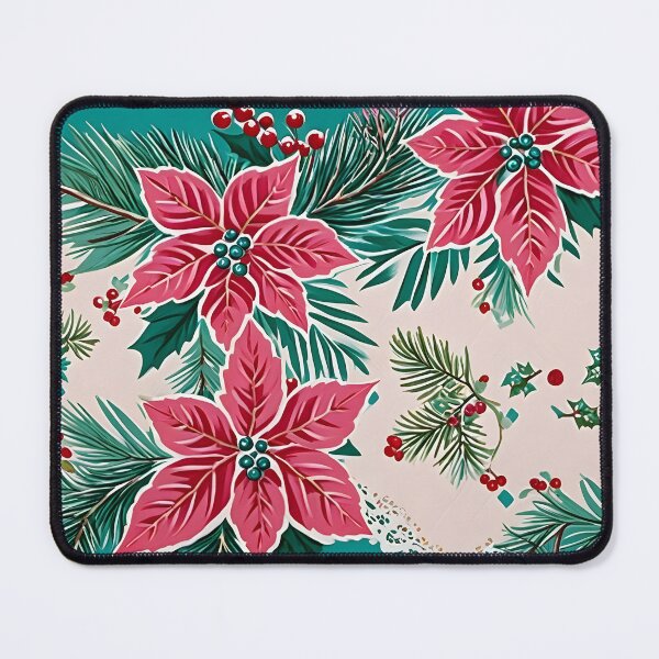Item preview, Christmas Throw Pillow with a vintage-inspired “Turquoise Christmas” pattern of pretty pink poinsettias, tranquil turquoise and a pop or red designed and sold by SandedollArt.