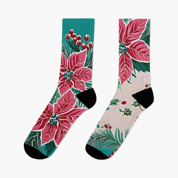 Item preview, Christmas Throw Pillow with a vintage-inspired “Turquoise Christmas” pattern of pretty pink poinsettias, tranquil turquoise and a pop or red designed and sold by SandedollArt.