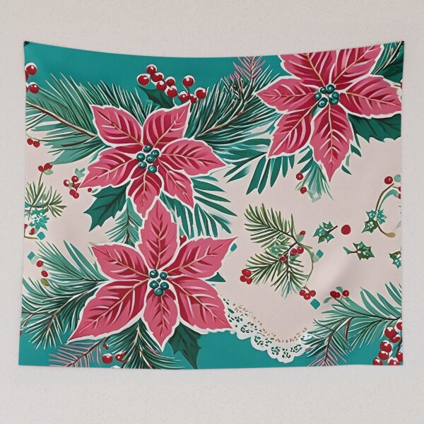 Item preview, Christmas Throw Pillow with a vintage-inspired “Turquoise Christmas” pattern of pretty pink poinsettias, tranquil turquoise and a pop or red designed and sold by SandedollArt.