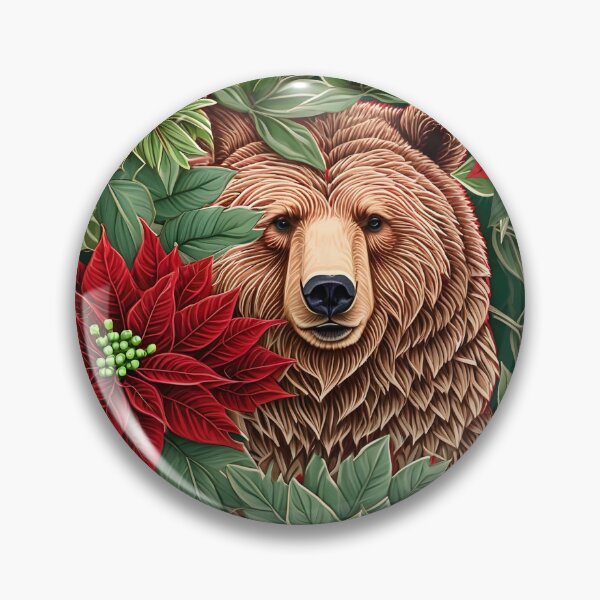 Item preview, Christmas Throw Pillow of a “Grand Grizzly” sheltered by wintery pine needles and pretty poinsettias designed and sold by SandedollArt.