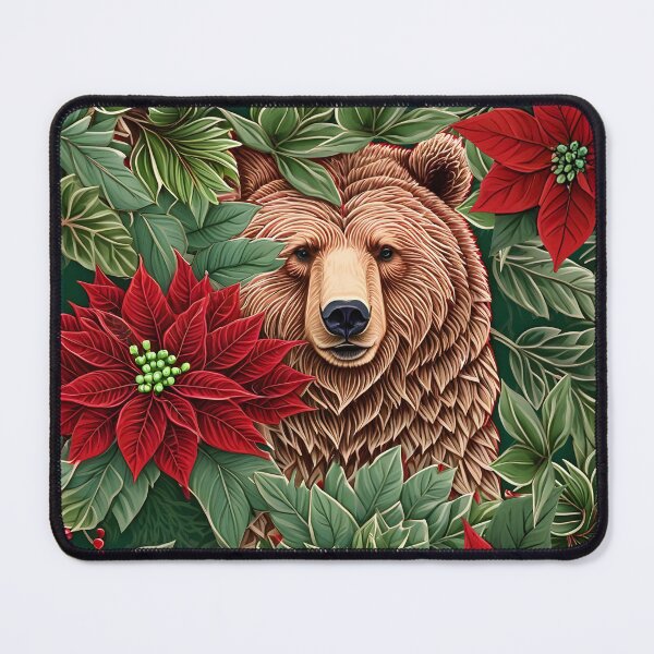 Item preview, Christmas Throw Pillow of a “Grand Grizzly” sheltered by wintery pine needles and pretty poinsettias designed and sold by SandedollArt.