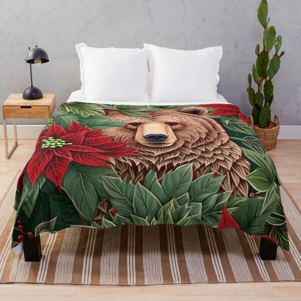 Item preview, Christmas Throw Pillow of a “Grand Grizzly” sheltered by wintery pine needles and pretty poinsettias designed and sold by SandedollArt.