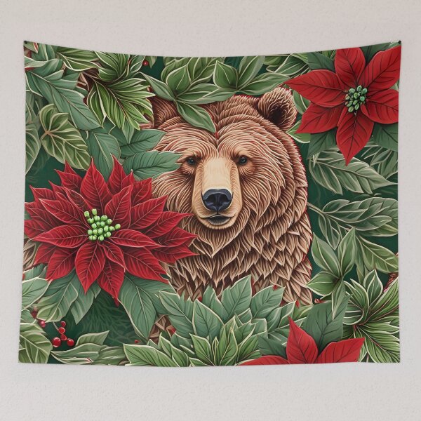 Item preview, Christmas Throw Pillow of a “Grand Grizzly” sheltered by wintery pine needles and pretty poinsettias designed and sold by SandedollArt.