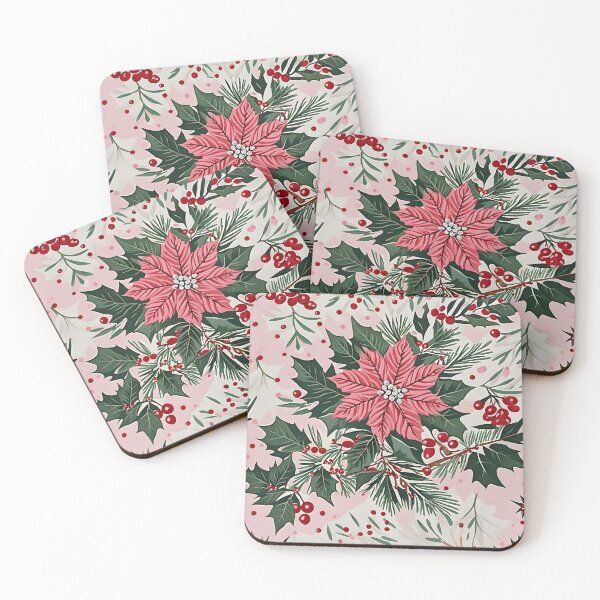 Item preview, Christmas Throw Pillow in the vintage-inspired “Pretty Pink Noel” pattern of pretty pink poinsettias, white snow, green foliage and a pop of red cranberries designed and sold by SandedollArt.