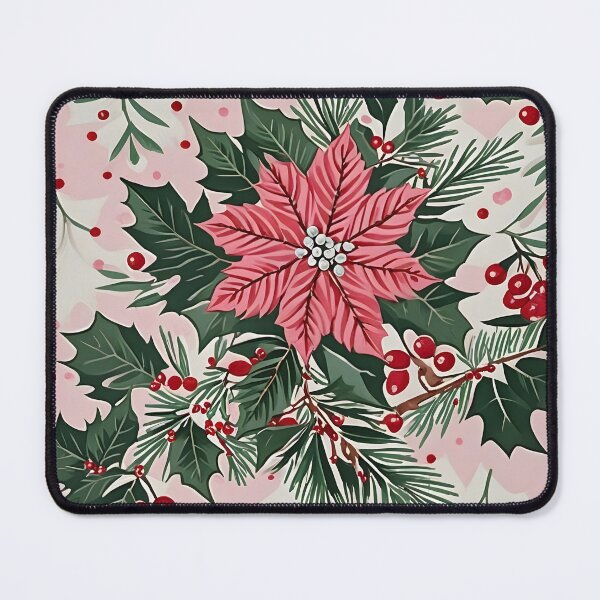 Item preview, Christmas Throw Pillow in the vintage-inspired “Pretty Pink Noel” pattern of pretty pink poinsettias, white snow, green foliage and a pop of red cranberries designed and sold by SandedollArt.