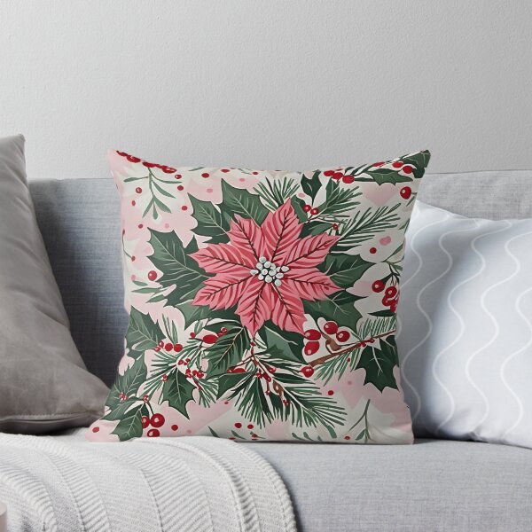 Item preview, Christmas Throw Pillow in the vintage-inspired “Pretty Pink Noel” pattern of pretty pink poinsettias, white snow, green foliage and a pop of red cranberries designed and sold by SandedollArt.
