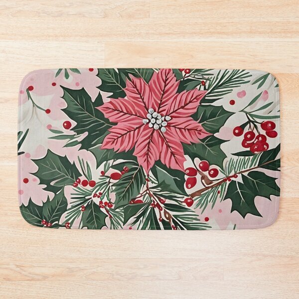 Item preview, Christmas Throw Pillow in the vintage-inspired “Pretty Pink Noel” pattern of pretty pink poinsettias, white snow, green foliage and a pop of red cranberries designed and sold by SandedollArt.