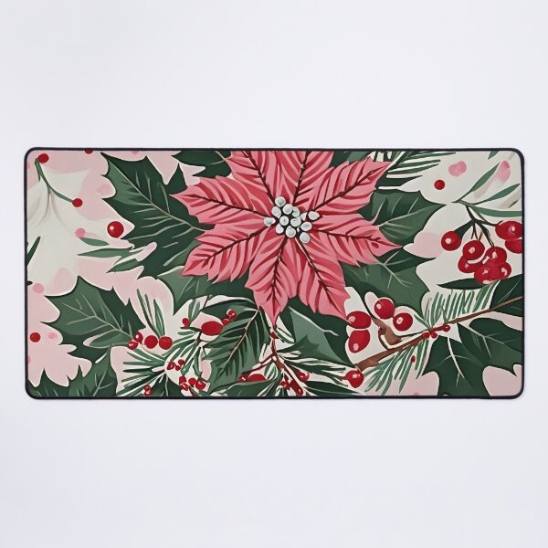 Item preview, Christmas Throw Pillow in the vintage-inspired “Pretty Pink Noel” pattern of pretty pink poinsettias, white snow, green foliage and a pop of red cranberries designed and sold by SandedollArt.