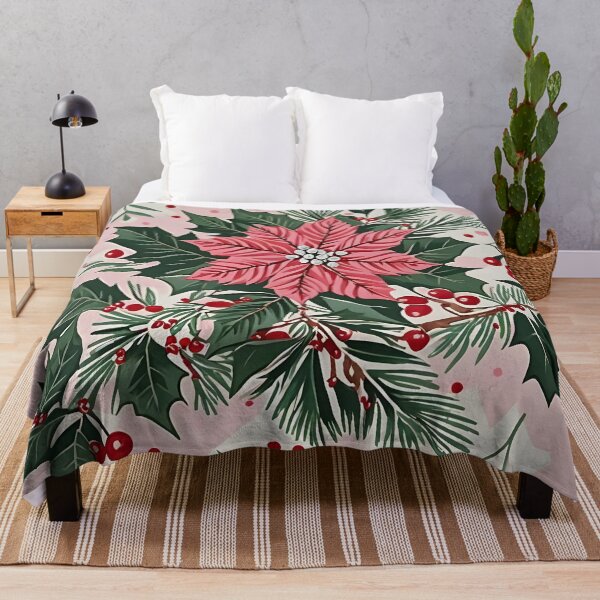 Item preview, Christmas Throw Pillow in the vintage-inspired “Pretty Pink Noel” pattern of pretty pink poinsettias, white snow, green foliage and a pop of red cranberries designed and sold by SandedollArt.