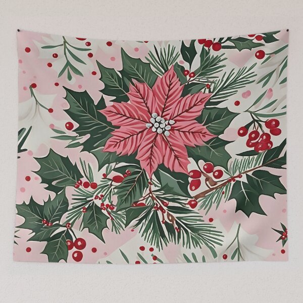 Item preview, Christmas Throw Pillow in the vintage-inspired “Pretty Pink Noel” pattern of pretty pink poinsettias, white snow, green foliage and a pop of red cranberries designed and sold by SandedollArt.
