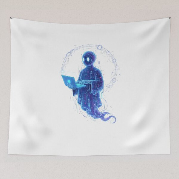 Item preview, Cyber Ghost Hacker Spirit with Laptop - Digital Circuit Wizard | designed and sold by Satpura punti baba .
