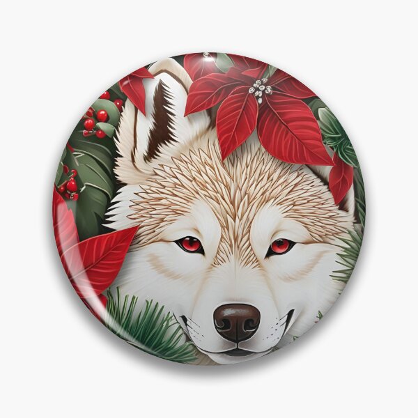 Item preview, Christmas Throw Pillow of a “Holiday Husky” amongst wintery pines, pretty poinsettias and a pop of red cranberries designed and sold by SandedollArt.